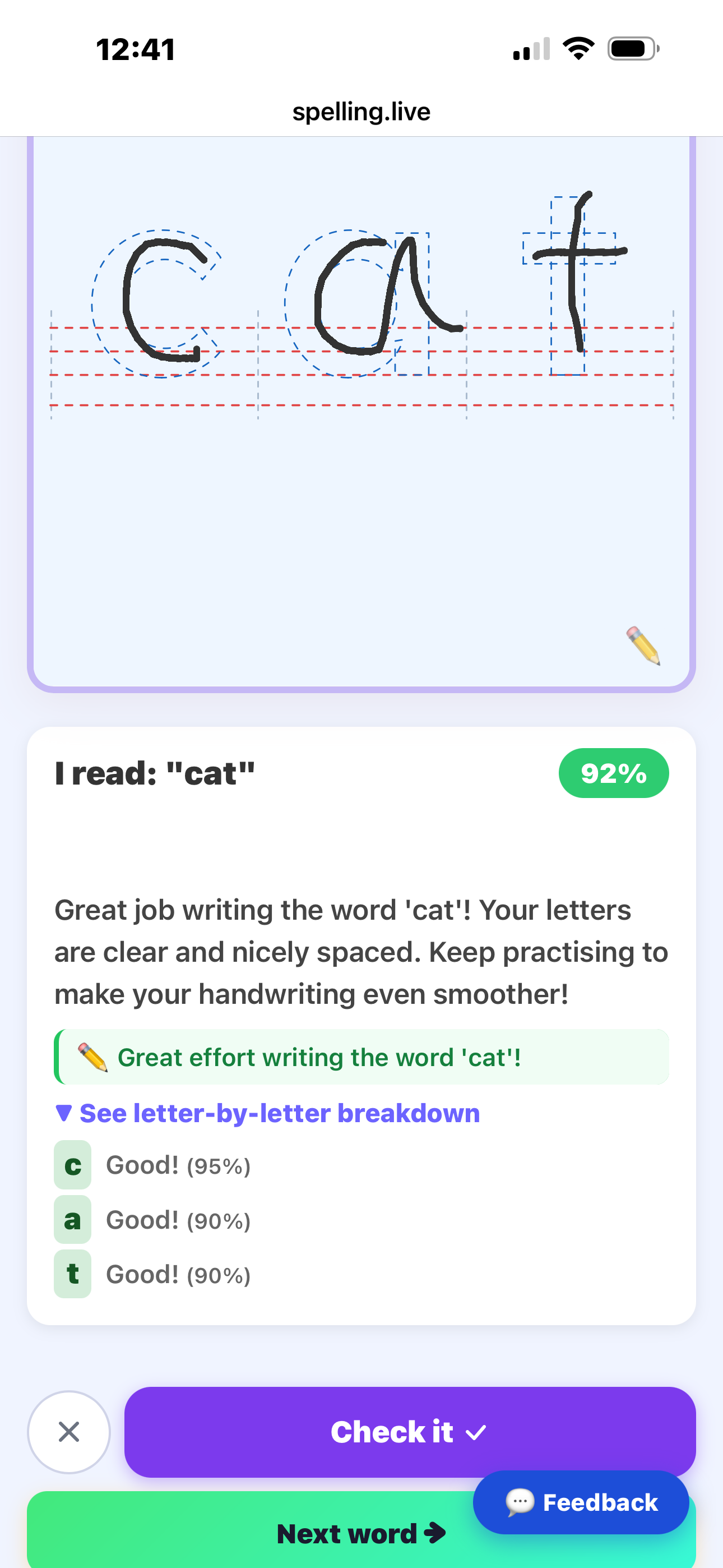 Handwriting feedback for the word 'cat' — 92% score with letter-by-letter breakdown shown instantly after checking