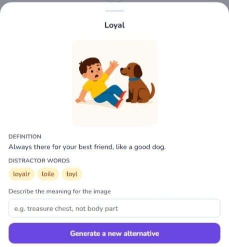 An early-years word, "Loyal", with its picture clue, a child-friendly definition, and a box for the teacher to describe what the picture should show