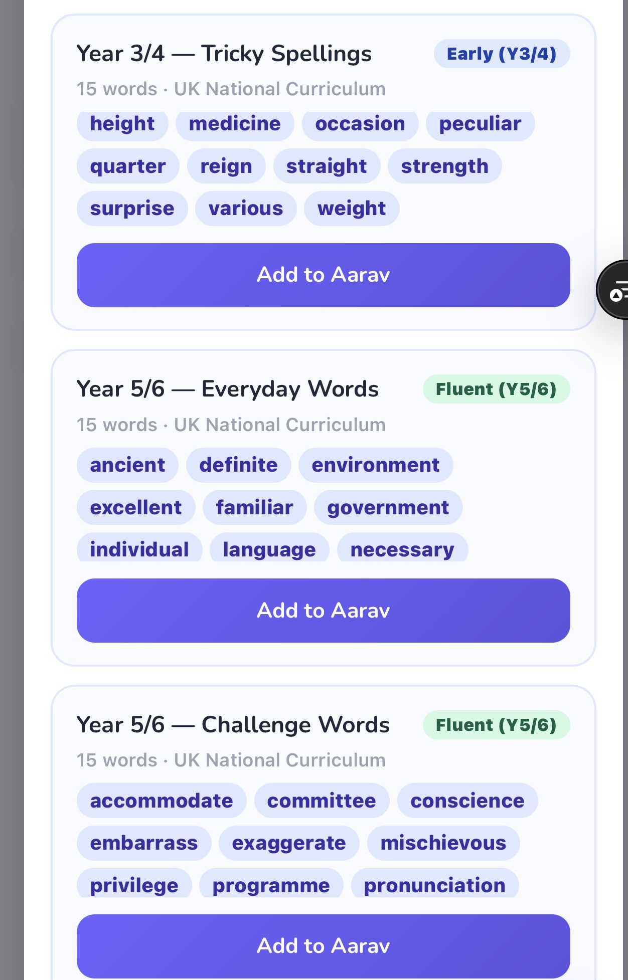 The Browse KS2 Lists modal in spelling.live showing word cards for Year 3/4 Tricky Spellings, Year 5/6 Everyday Words, and Year 5/6 Challenge Words