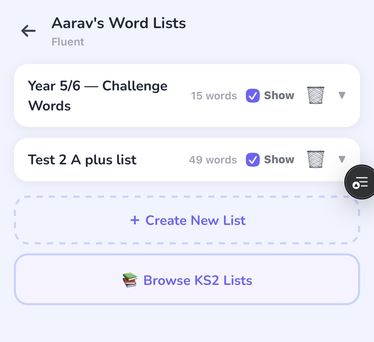 The word lists screen showing the Browse KS2 Lists button alongside Create New List