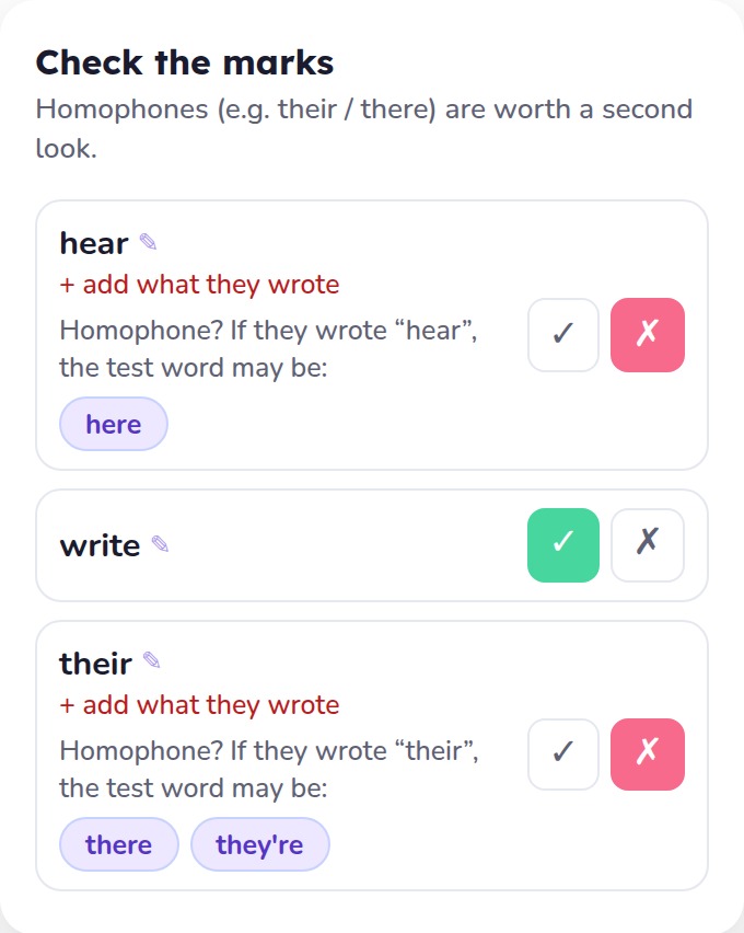 The Paper practice review screen: 'hear' is marked wrong with a suggestion chip offering 'here' as the likely test word, and 'their' is marked wrong with suggestion chips for 'there' and 'they're'