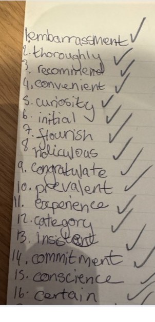 A photo of a child's handwritten spelling test — sixteen words from 'embarrassment' to 'certain', each one ticked