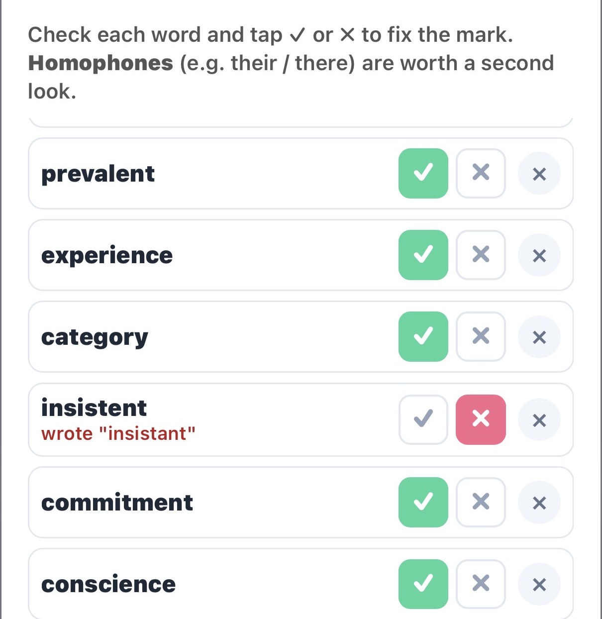 The Paper practice review screen reading the sheet: prevalent, experience and category correct, and 'insistent' flagged wrong — the child wrote 'insistant'