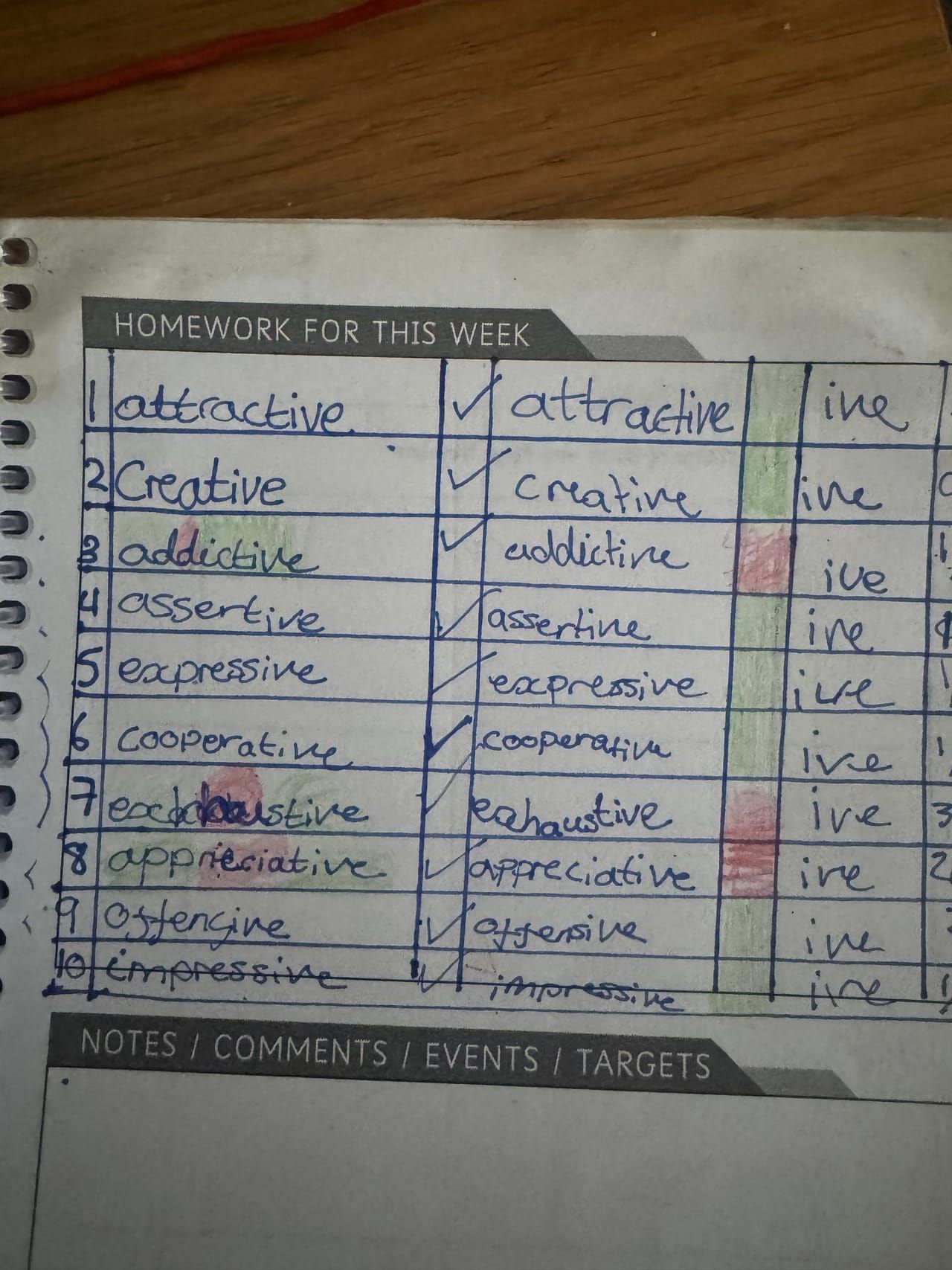 A handwritten weekly spelling log book, ten words all ending in -ive.