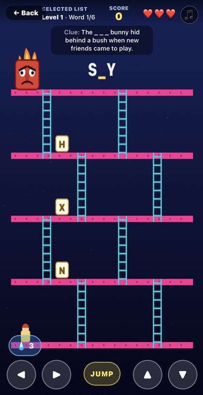 Letter Climb screenshot: a platformer with ladders and letter tiles, a blanked word S_Y to complete, three lives shown as hearts