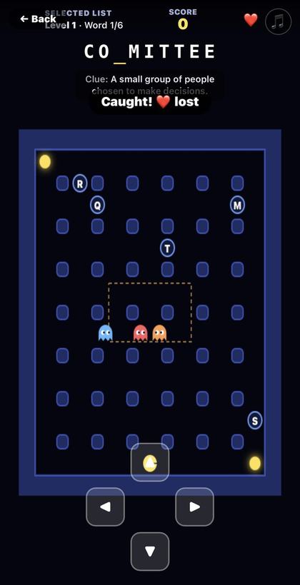 Letter Maze screenshot: a Pac-Man-style maze with letter nodes and ghosts chasing, spelling out committee with one letter missing
