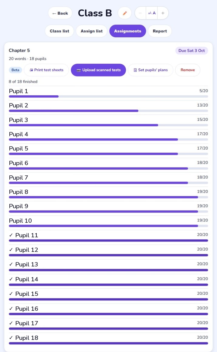 Class B's current assignment: a 20-word list set to 18 pupils, due in a few days, with 8 pupils finished and most of the rest within three words of finishing