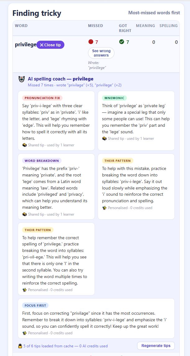 The AI spelling coach showing personalised tips for the word 'privilege'
