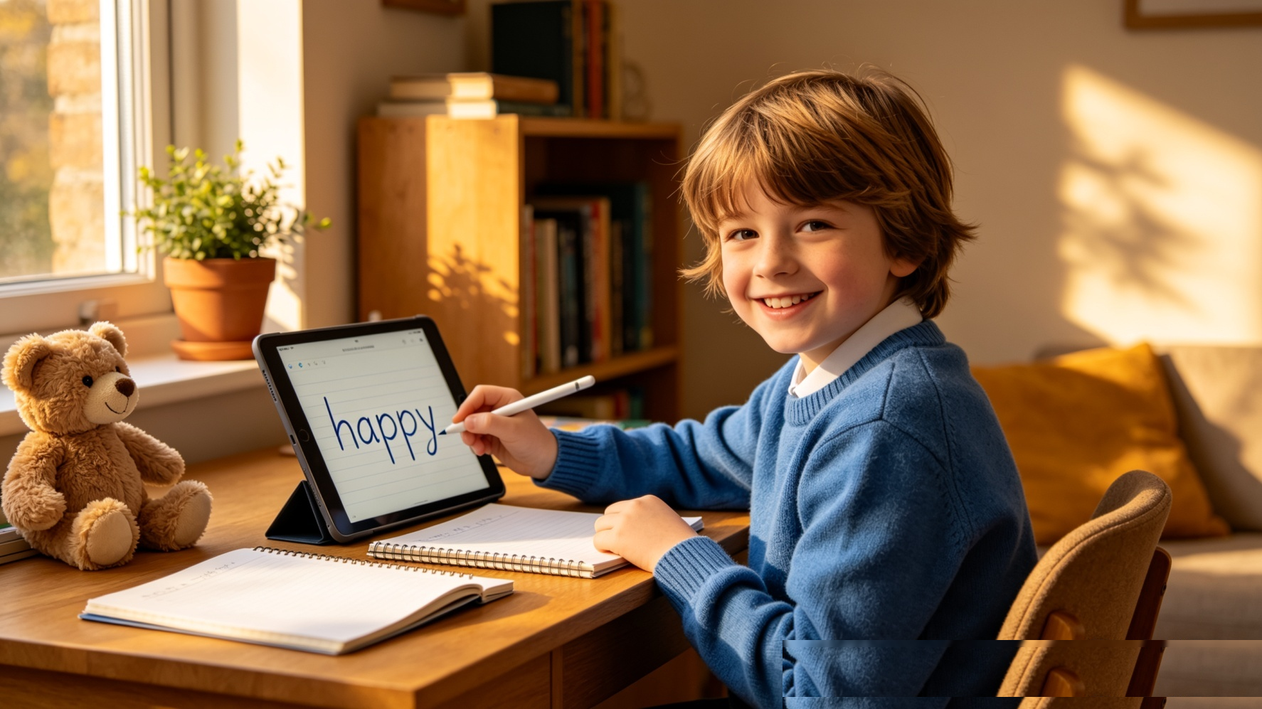 A child writing the word 'happy' on a tablet using Spelling.live