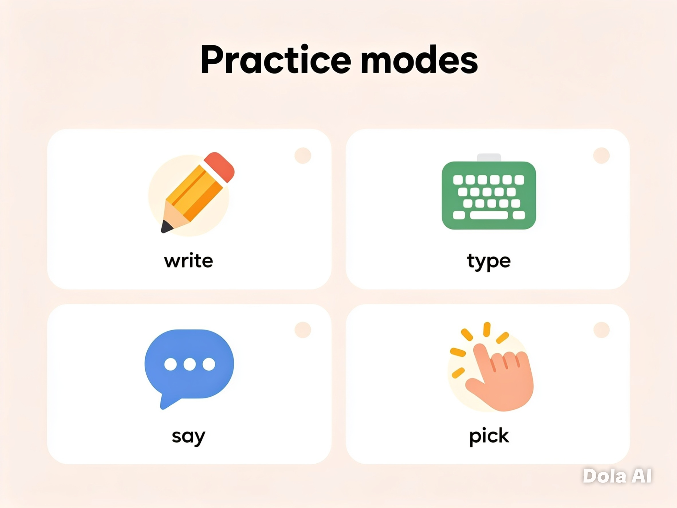 Practice modes: write, type, say, and pick — all four ways to practise spelling