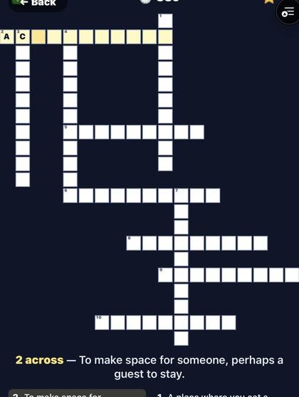 Crossword screenshot: a partly-filled crossword grid with the clue 'To make space for someone, perhaps a guest to stay'
