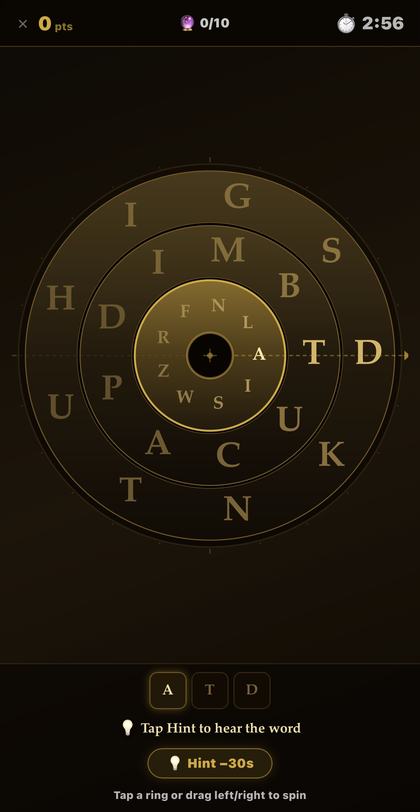 Ring screenshot: three concentric rotating rings of letters with the current letters A, T, D selected