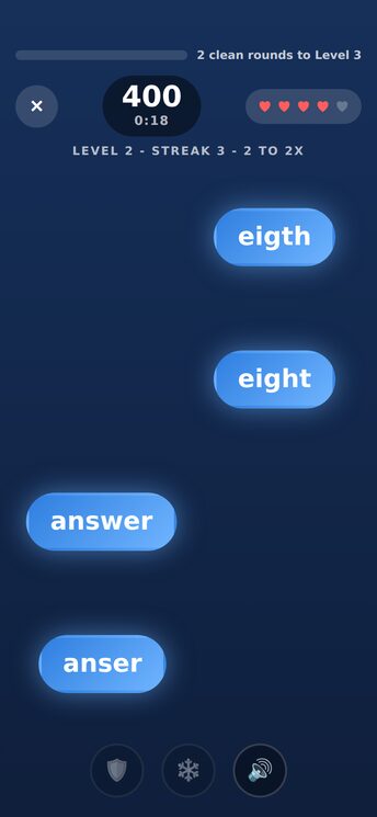 Spell Blitz screenshot: four purple pills reading eigth, eight, answer and anser on a dark blue board, with a score of 400, five hearts and a 20-second clock