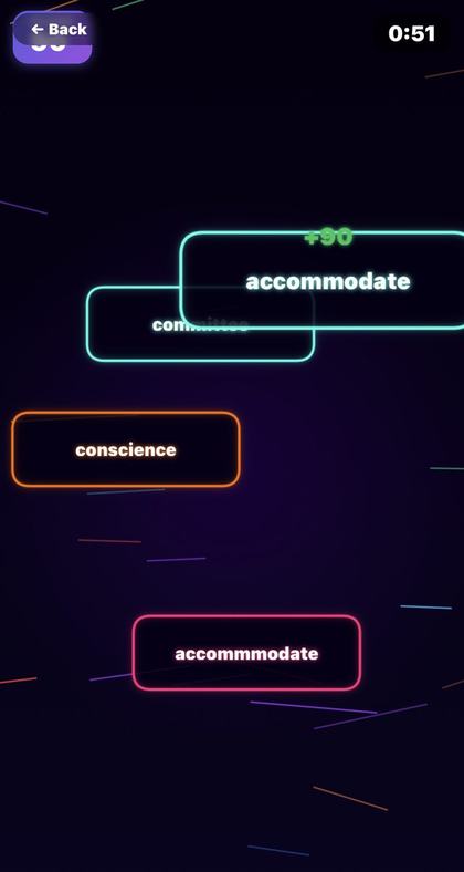 Spell Buzz screenshot: glowing neon cards showing candidate spellings such as accommodate and committee