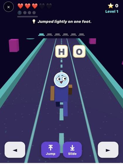 Spell Sprint screenshot: a 3D endless-runner track with floating letter tiles H and O ahead of the runner
