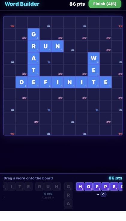 Word Builder screenshot: the words GRUNT, DEFINITE and WE interlocked on a Scrabble-style board with bonus squares