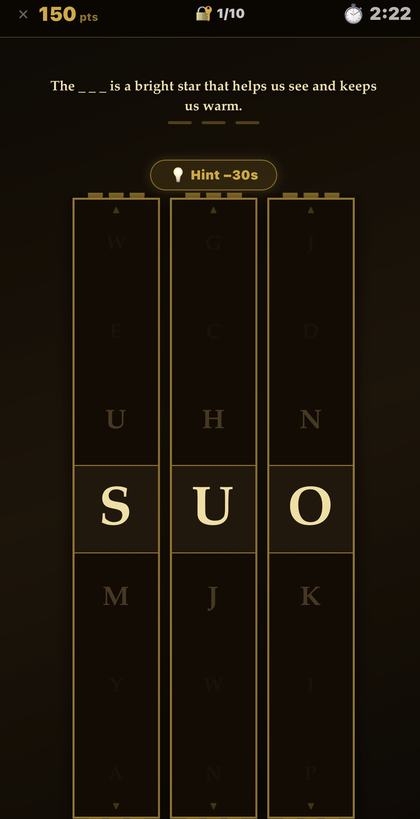 Word Lock screenshot: three spinning letter drums showing S, U, O beneath the clue 'The ___ is a bright star'
