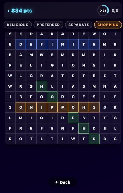 Word Search screenshot: a letter grid with the word SHOPPING found and highlighted among a list of target words