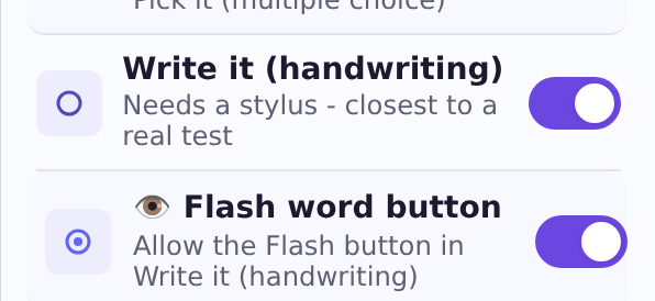 Parent panel showing the Write it mode row with its Flash word button toggle switched on underneath it