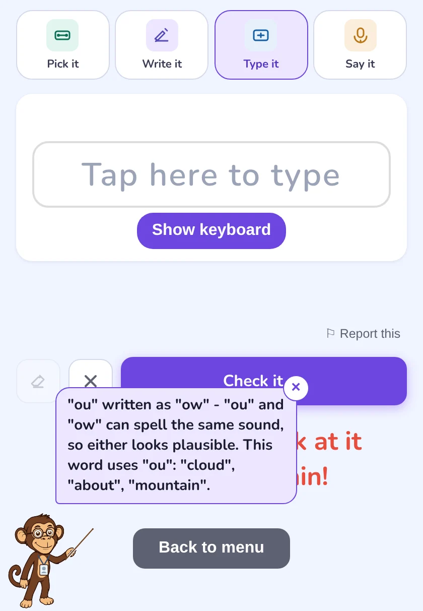 Coach it: Tongo the monkey with a speech bubble explaining that ou and ow can spell the same sound and this word uses ou.