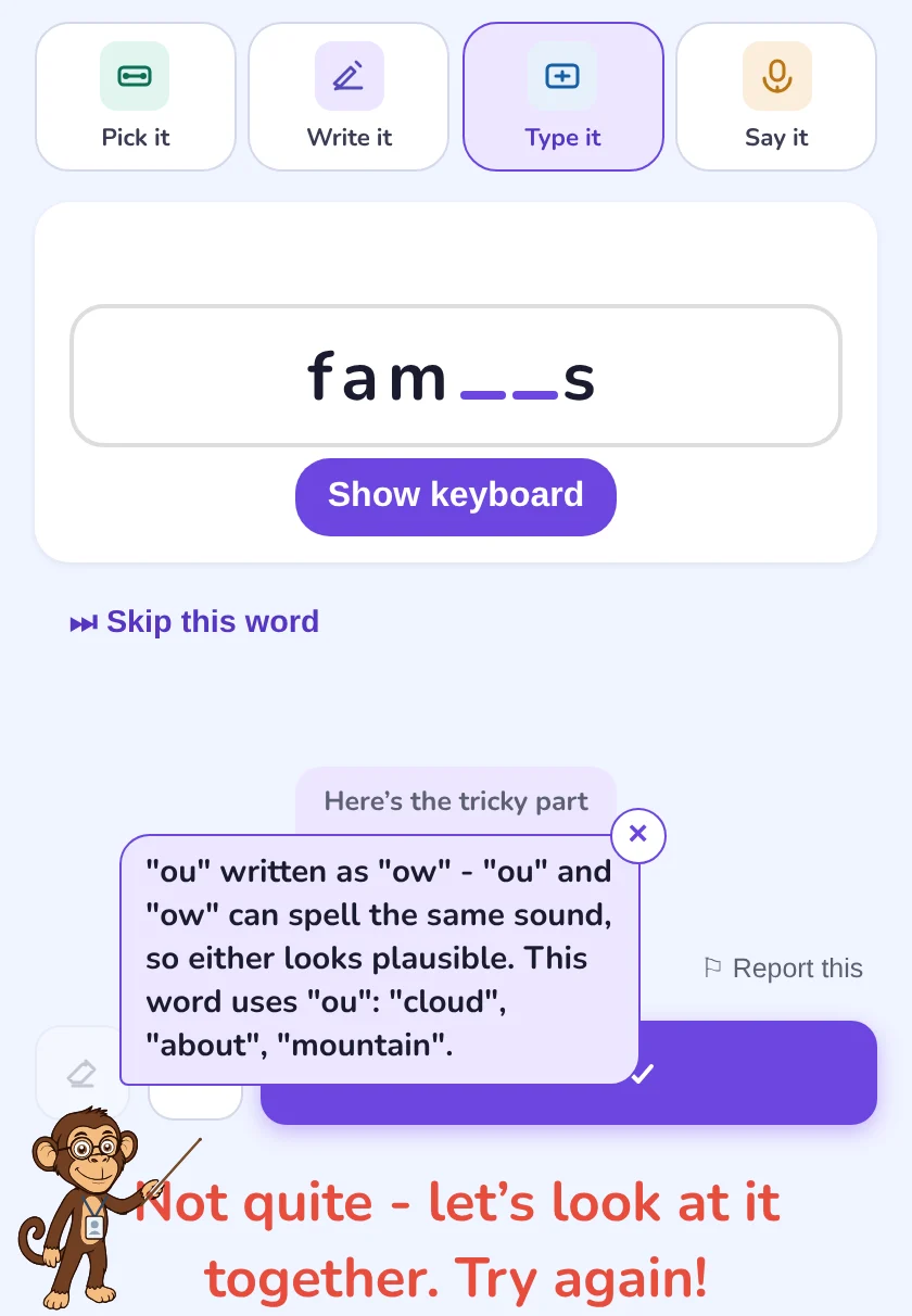 The typing box showing fam, two blanks, then s, with a Skip this word link underneath.