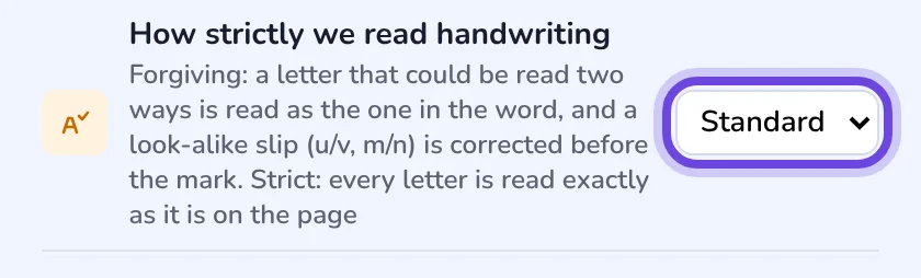 The setting How strictly we read handwriting, with its drop-down set to Standard and circled.