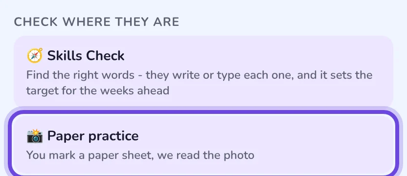The Paper practice button, circled, under Check where they are on the Learning plan page.