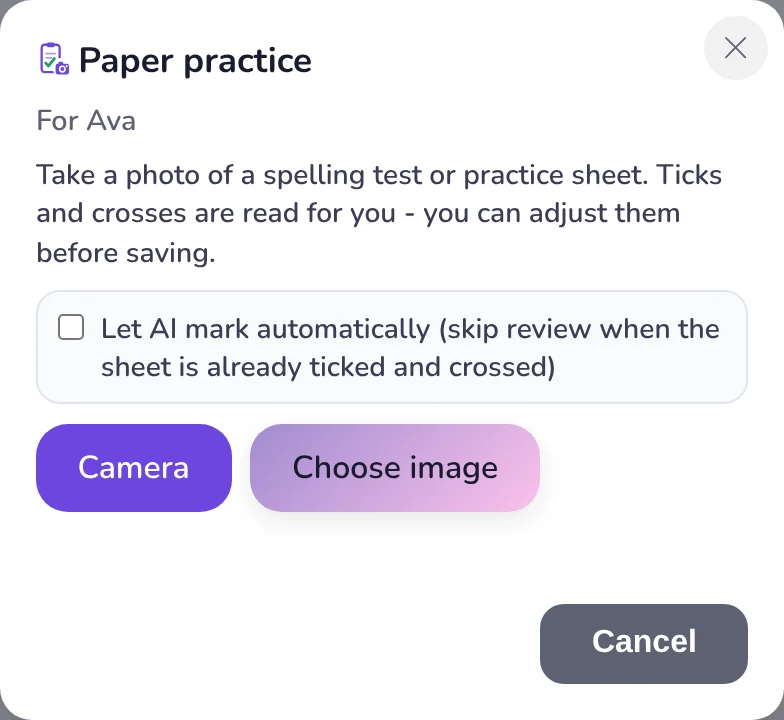 The Paper practice window with Camera and Choose image buttons.