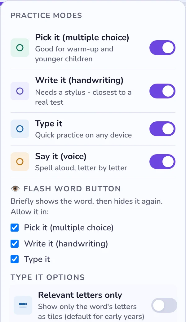 The Parents menu, showing Practice modes with switches for Pick it, Write it, Type it and Say it, and Flash word button tick boxes underneath.