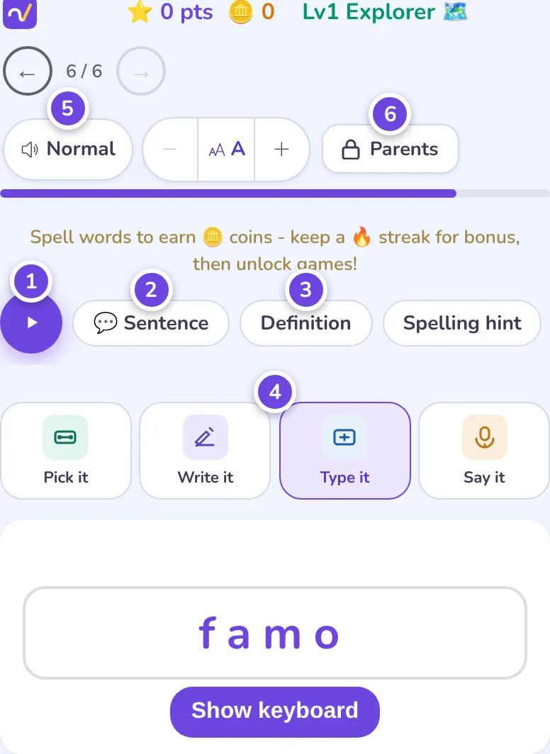 The practice screen with six numbered pins: the play button, Sentence, Definition, the mode bar, the speech speed button and the Parents button.
