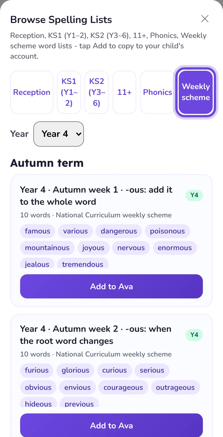 Browse Spelling Lists with the Weekly scheme tab ringed, a Year picker set to Year 4, and Autumn term weeks each with an Add button.