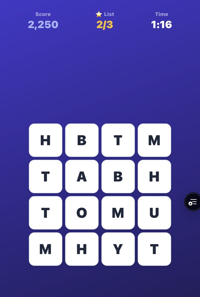 Boggle gameplay: a 4x4 letter grid with score, list progress and a countdown timer