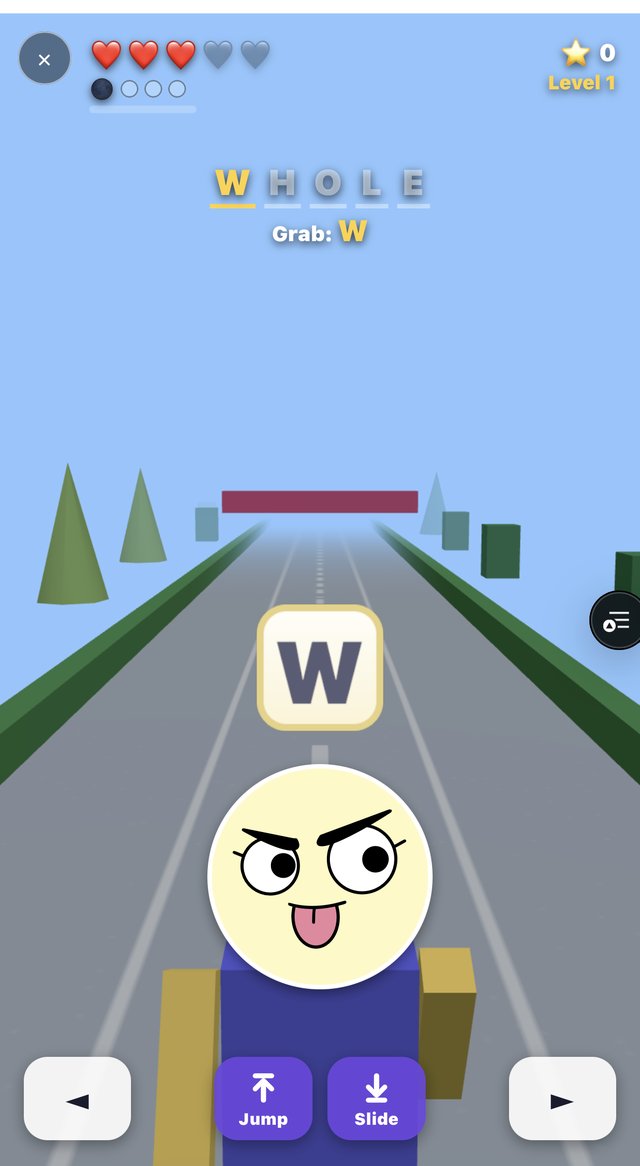 Spell Sprint gameplay: a 3D endless-runner where the player must grab the letter W to spell WHOLE, with hearts, a level counter, and Jump/Slide buttons