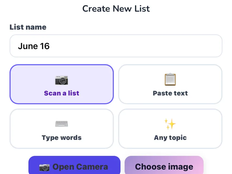 The Create New List screen - build a word list by scanning a printed list, pasting text, typing words, or picking any topic