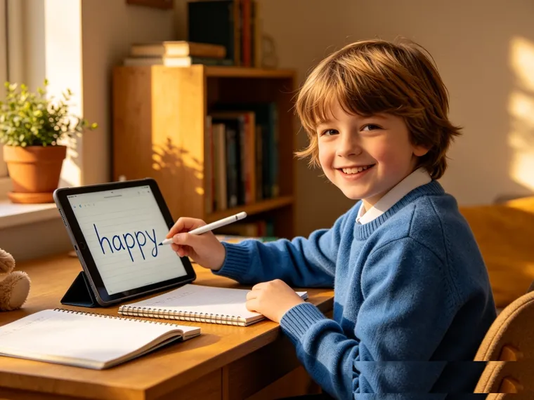 A child writing the word ‘happy’ by hand on a tablet in Spelling.live