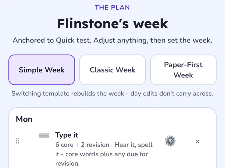 The weekly Learning plan - a week of practice activities laid out day by day, each one editable