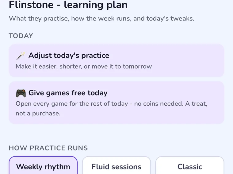 The parent's learning plan panel - adjust today's practice, give games free for the day, and choose how the week runs