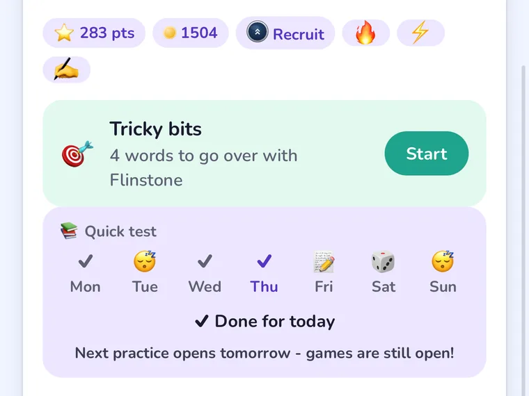 A child's Today's practice card with the week strip below it, showing days completed and what comes next