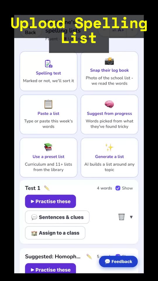 Spelling.Live Paper practice: a handwritten spelling test is photographed, the app reads every word with its tick or cross, the parent confirms the marks, and the missed words become the practice list