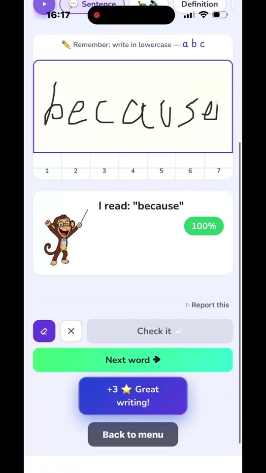 Spelling.Live Write it: a child writes because on the pad, the app shows what it reads as they go, the tricky ou is flashed with a tip, and the finished word is marked correct