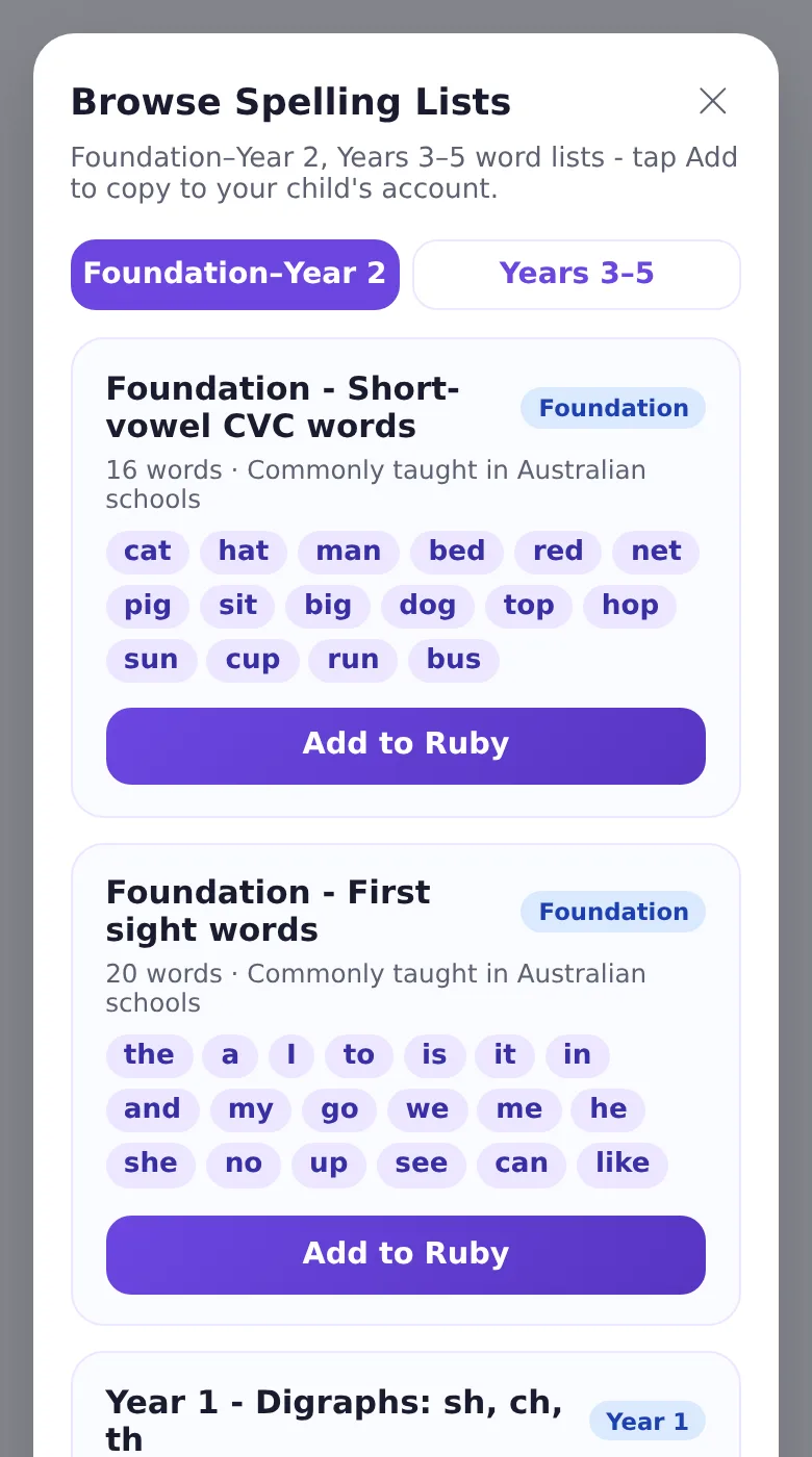 The Browse Spelling Lists screen in Spelling.Live set to Australian English, showing ready-made Foundation lists, each with an Add button