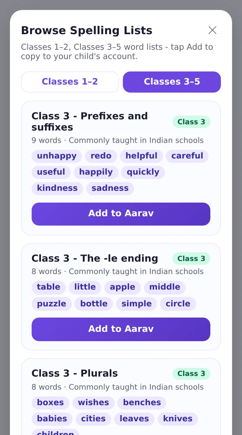 The Browse Spelling Lists screen in Spelling.Live set to Indian English, showing ready-made Class 3 lists (prefixes and suffixes, the -le ending, plurals), each with an Add button