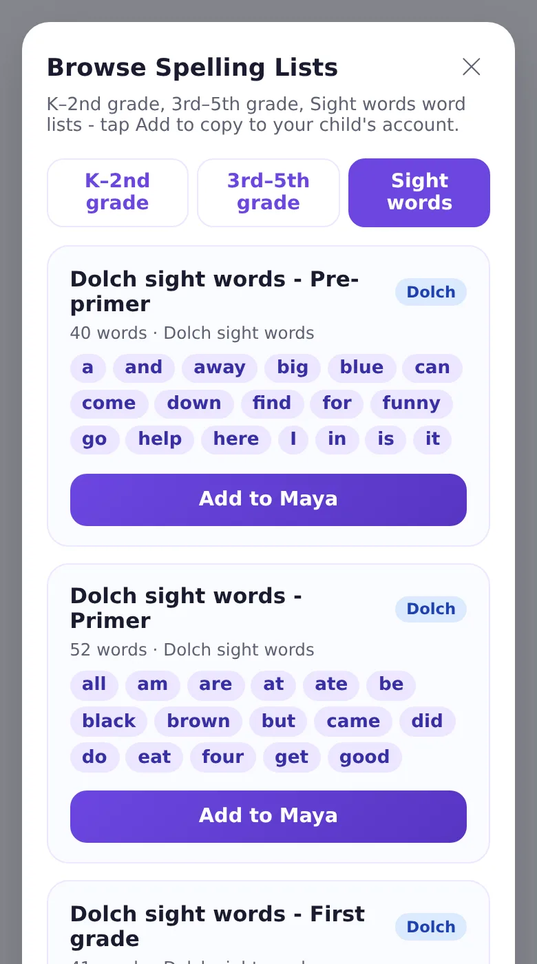 The Browse Spelling Lists screen in Spelling.Live set to US English, on the Sight words tab, showing the ready-made Dolch Pre-primer, Primer and First grade lists, each with an Add button