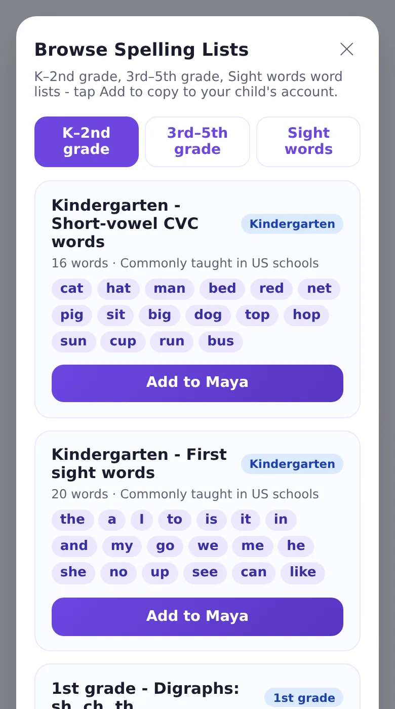 The Browse Spelling Lists screen in Spelling.Live set to US English, showing ready-made Kindergarten lists (short-vowel CVC words and first sight words), each with an Add button
